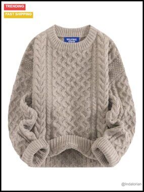 Oversized Chunky Cable Knit Crew Neck Pullover Sweater Women Recycled Fibers